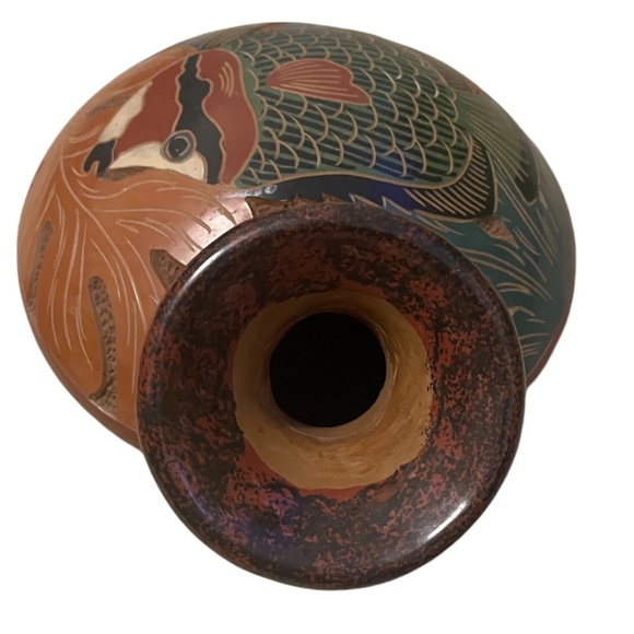 Pair Hand Sculpted Pottery Fish And Bird Vase Hand Tooled - Picture 8 of 15